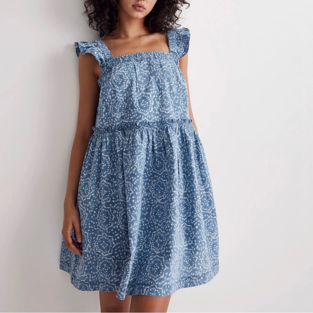 Madewell Flutter-Sleeve Ruffle Mini Dress in Flora Medallion